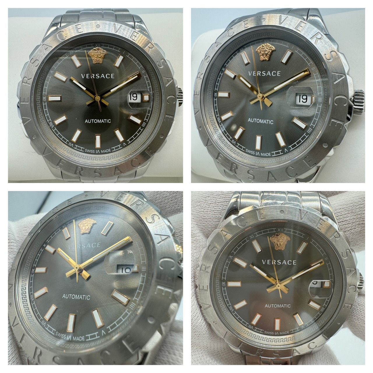 ◆VERSACE ヴェルサーチ ヘレニウム VEZI AT ヴェルサーチェ メンズ 腕時計 Hellenyium 自動巻き ヴェジ デイト メデューサ グレー文字盤 現状稼働品 um KBA2 アメカジ 自動巻き時計 腕時計(アナログ)