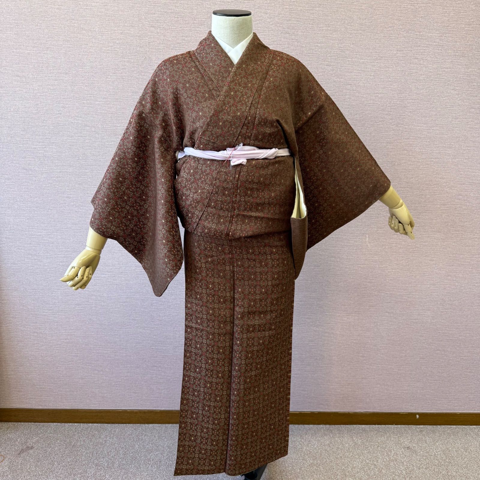 紬 袷 紬着物 着物 花柄 赤 茶色 リサイクル着物 リサイクル着物 t-989
