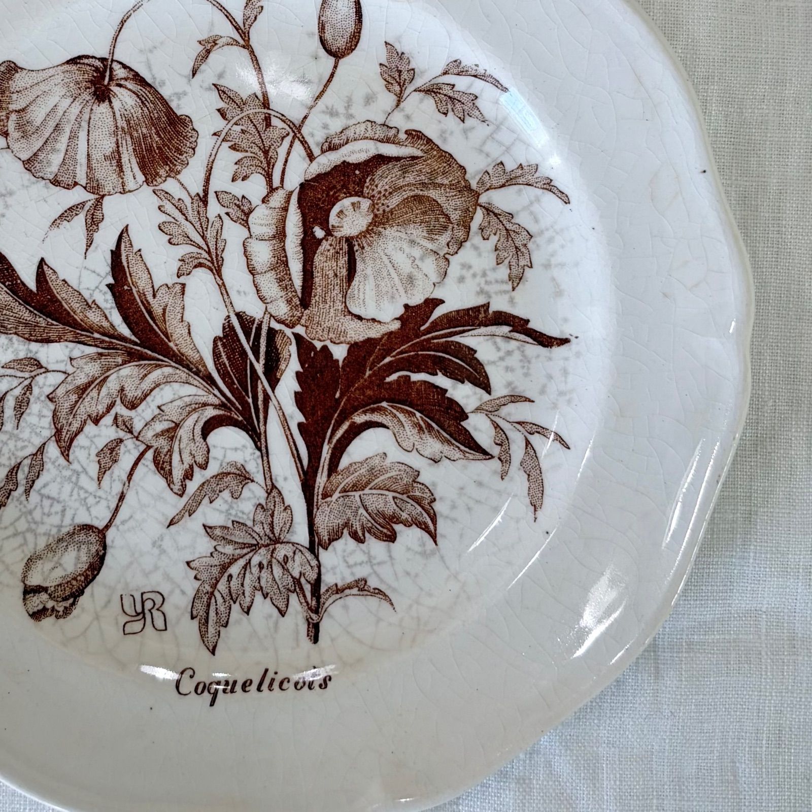 フランスアンティーク GIEN ジアンのボタニカルデザートプレート 茶色