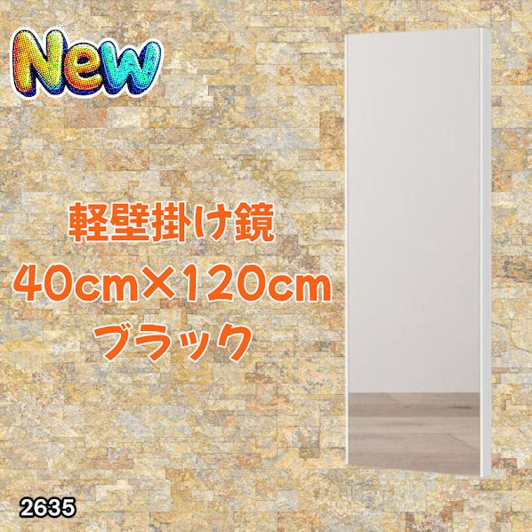 2635 軽量 壁掛け 割れない鏡 幅40cm×高さ120cm ブラック フィルム