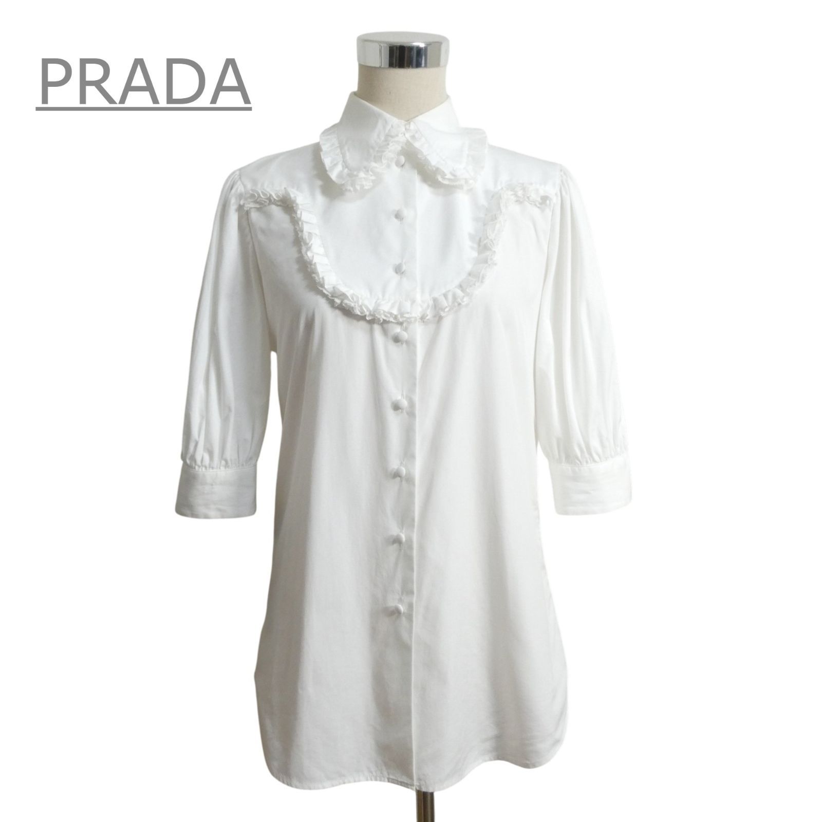 美品 PRADA プラダ 20SS シャツ ブラウス 七分袖 レース フリル 丸襟 
