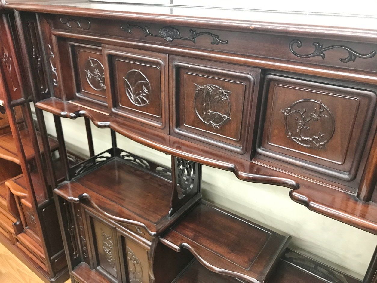 唐木家具 飾り棚 和家具 茶箪笥 透かし彫り 年代品 違い棚 ［静岡市