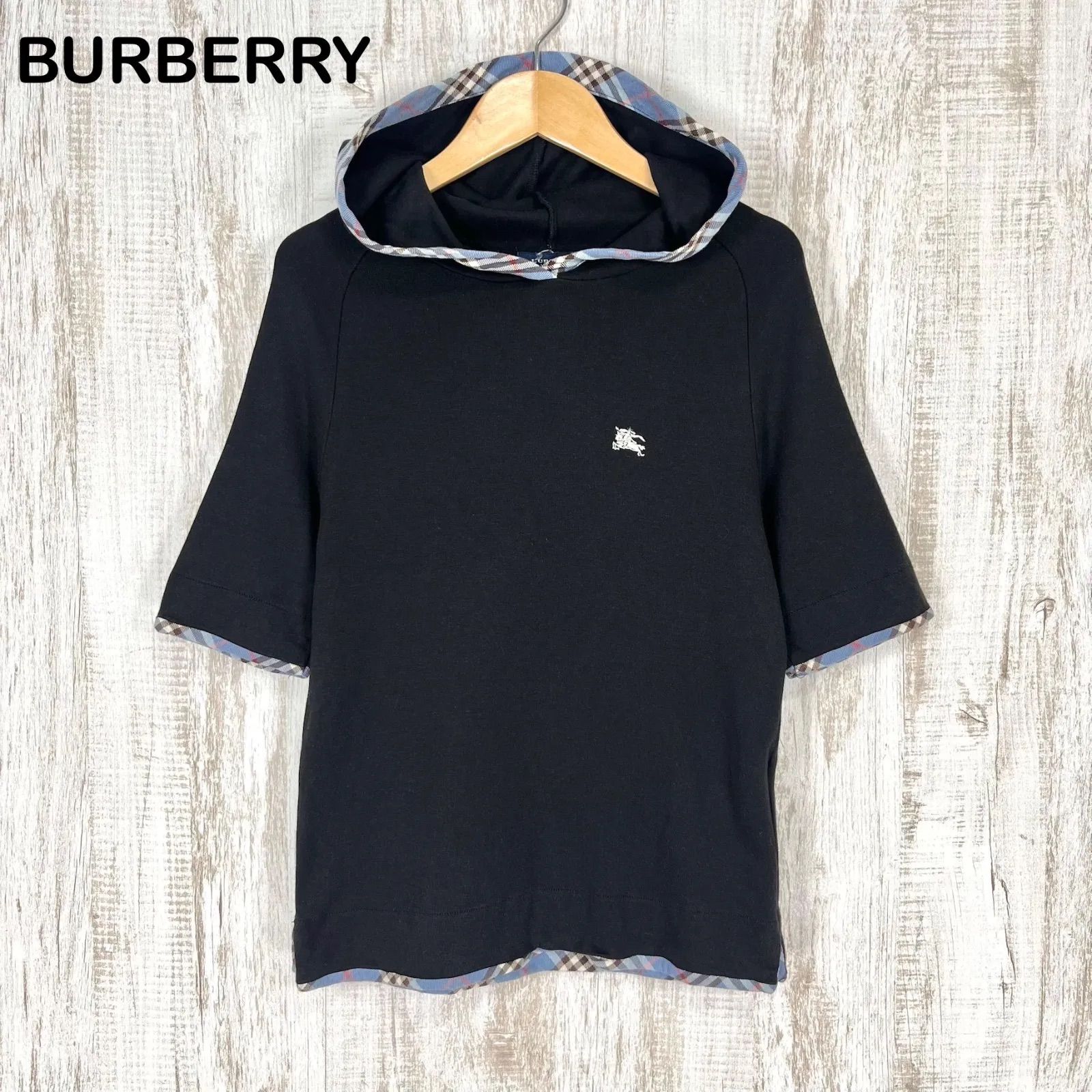 BURBERRY LONDON バーバリーロンドン ホース ロゴ刺繍 ノバチェック ラグランスリーブ 半袖 フーディー パーカー ブラック レディース トップス