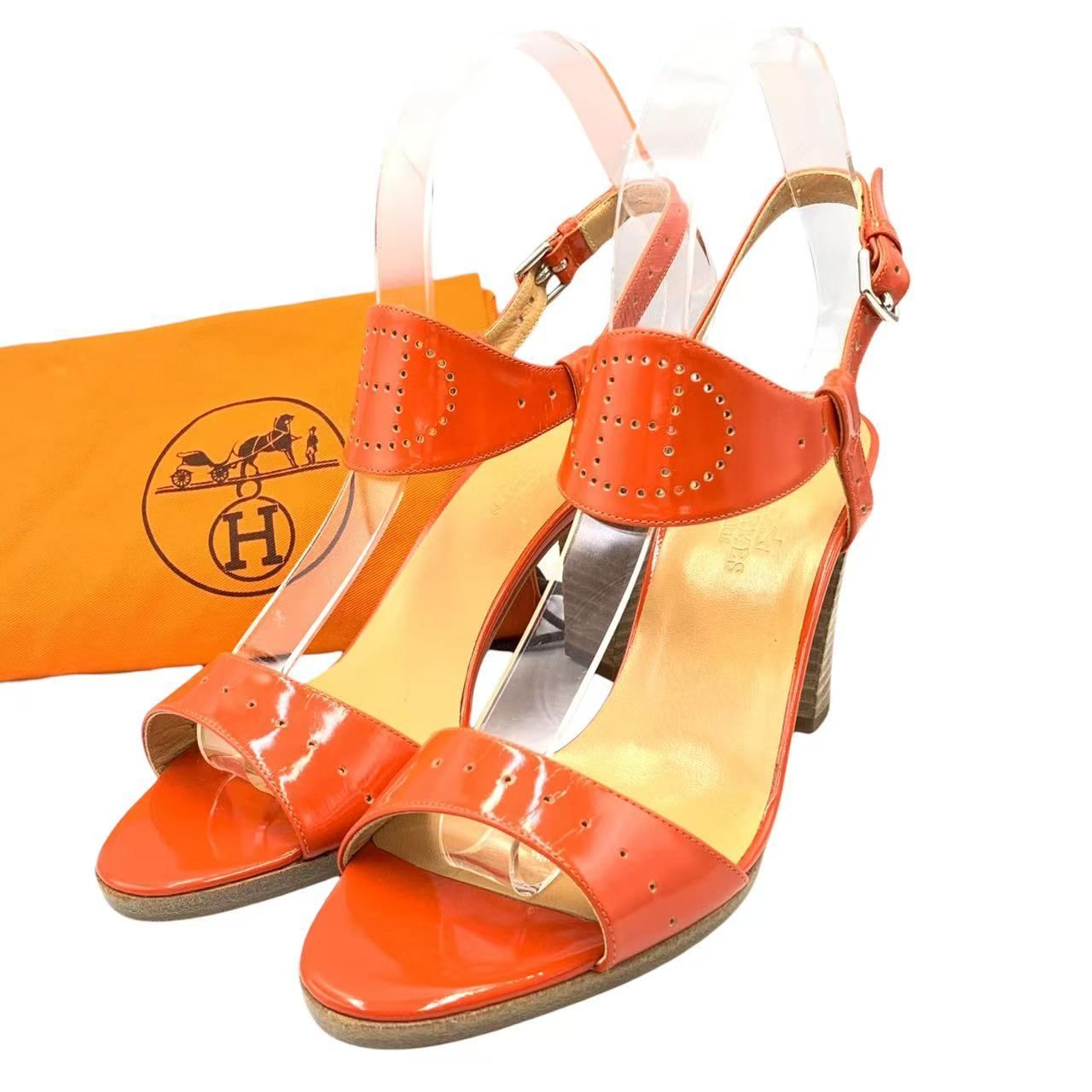 新品同様 HERMES エルメス ヒールサンダル オレンジ Hロゴ サイズ36.5