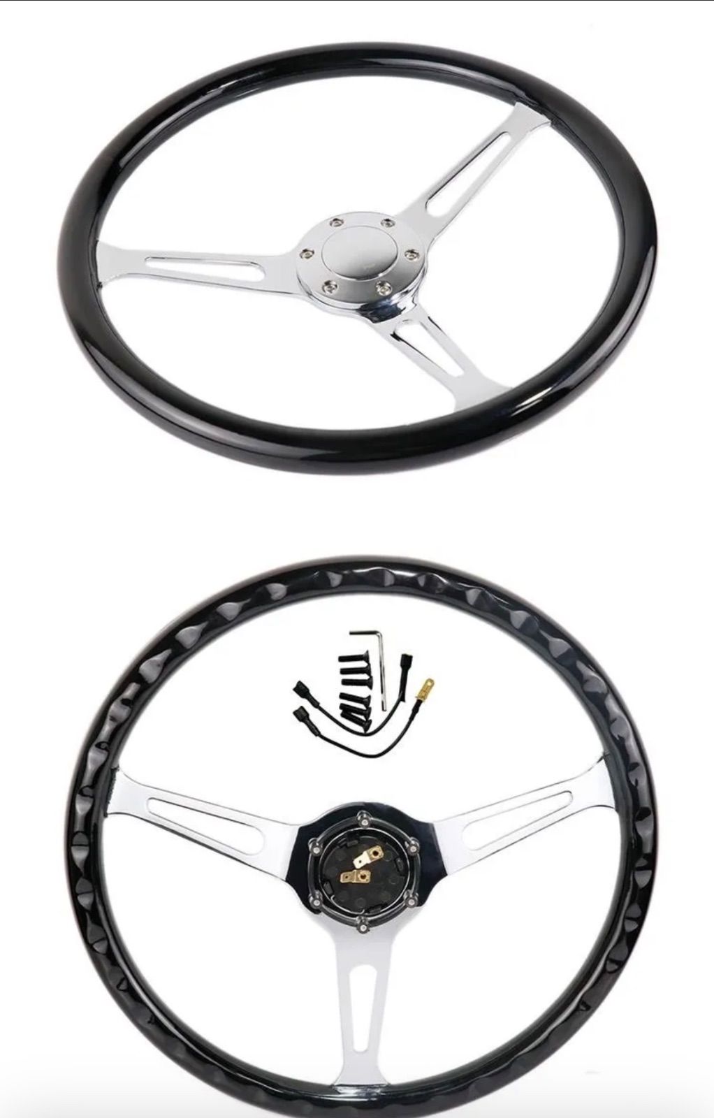 茶色ブラックハンドル本体 無垢材木製ウッド金属3スポークステアリング