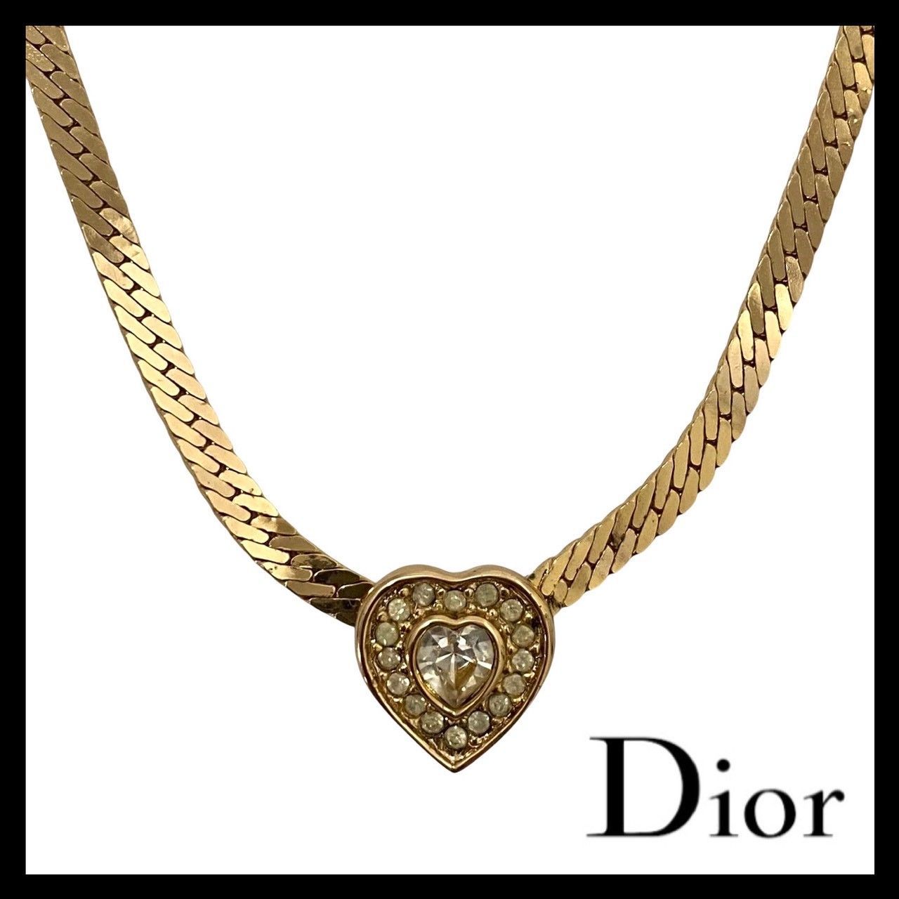 M【Dior】ハート ネックレス ゴールド/金 カラー ラインストーン