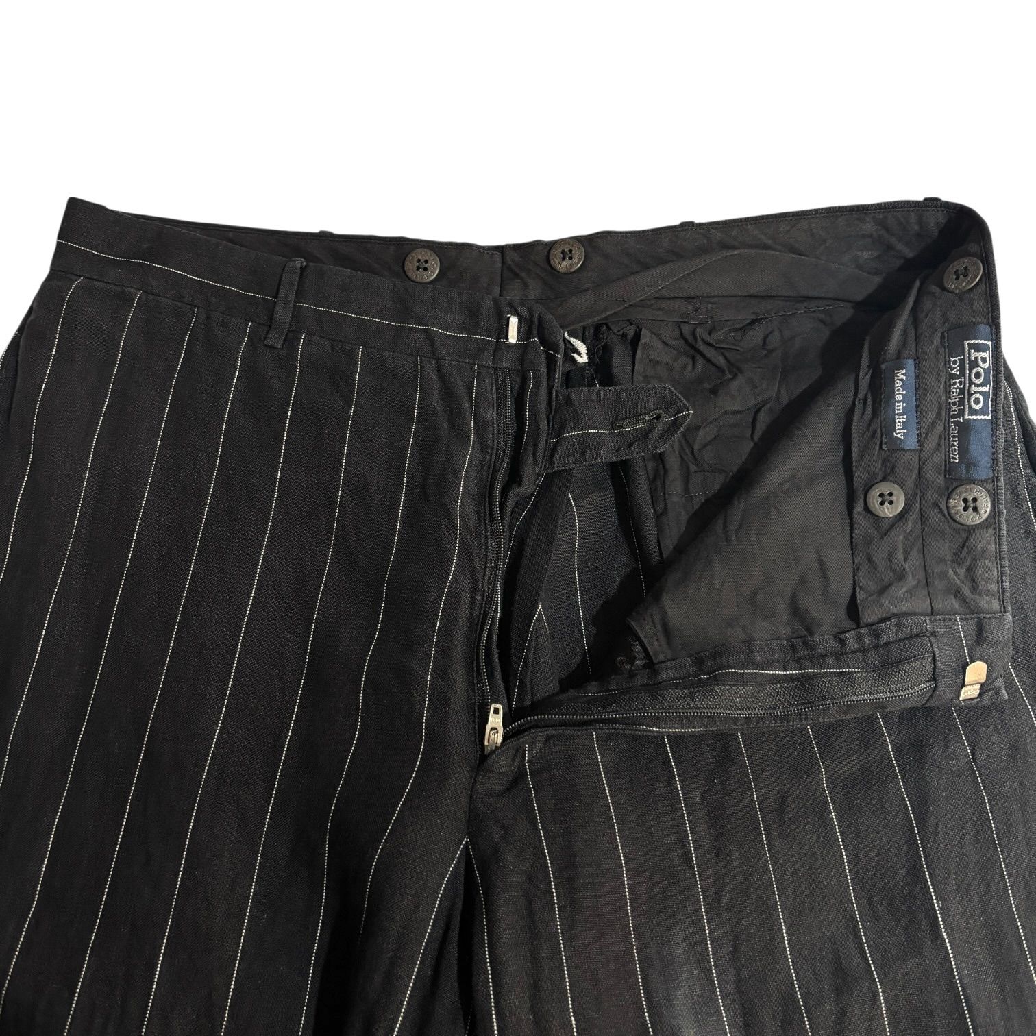 イタリア製 90s Polo Ralph Lauren Pinstripe Linen Slacks W32 BLK 黒