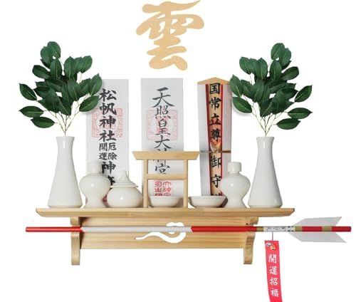 Tonbobo 神棚 壁掛け用神棚 モダン神棚 神棚-雲板セット 御札 立て 破魔矢 神社やお寺のお札立て 白松 天然木 鳥居 軽量 神札ホルダー おしゃれ 穴開けない 取り付け簡単 鳥居つき 本体だけ 4d68b39a