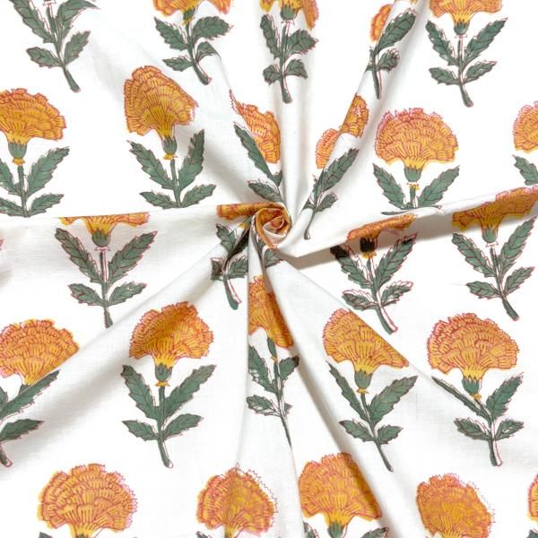 50cm単位】ホワイトイエローオレンジフラワー インド ハンドブロック