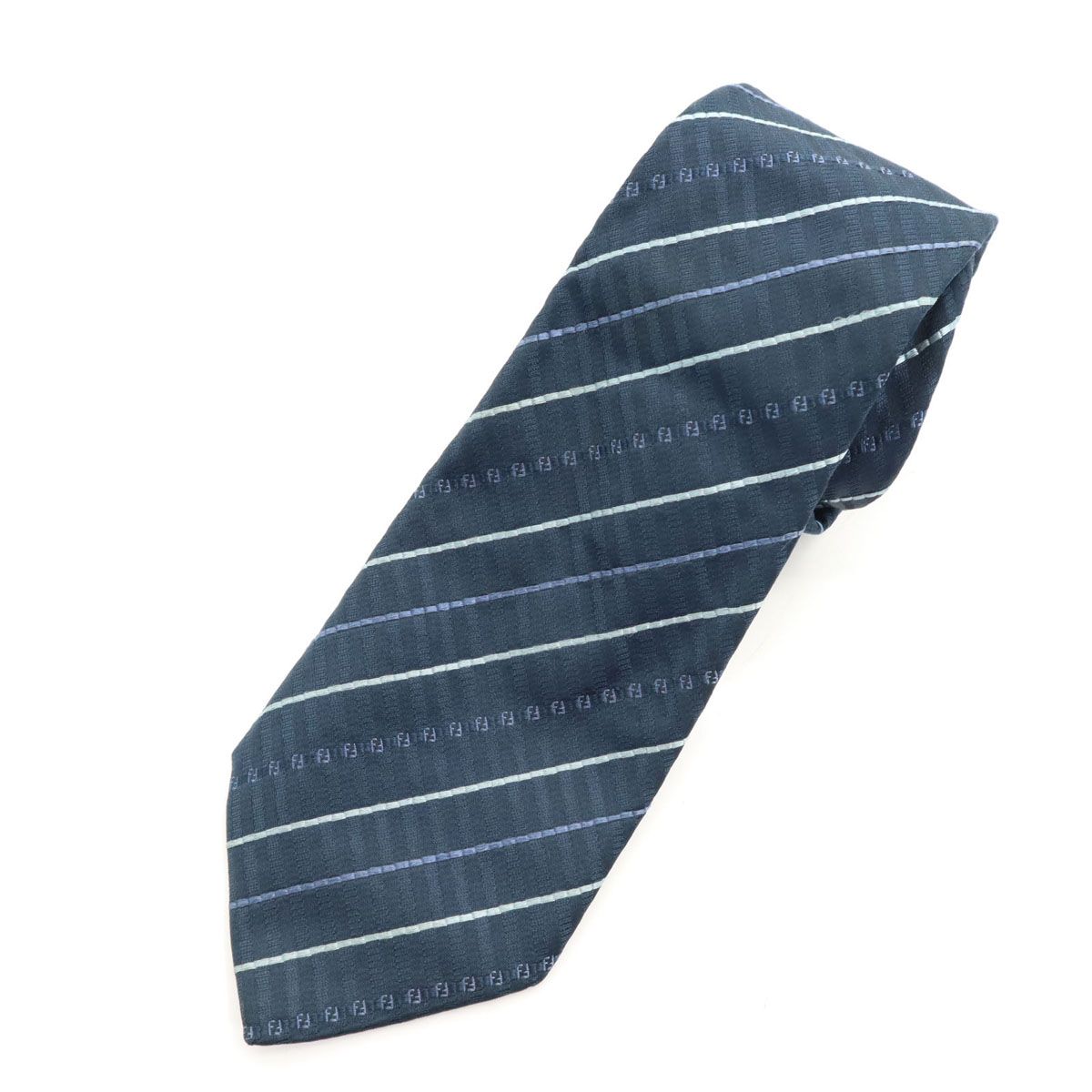 FENDI フェンディ イタリア製 シルク 斜ストライプ柄 ネクタイ  ネイビー メンズ 古着