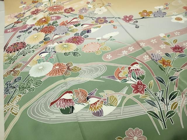 平和屋着物●訪問着　型染め　鴛鴦花文　暈し染め　正絹　逸品　CABC8241gh 平和屋着物○訪問着 型染め 鴛鴦花文 暈し染め 正絹 逸品 CABC8241gh