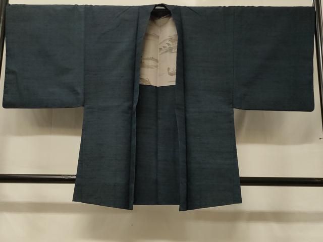 さかな　 平和屋着物＃男性 羽織 紬地 霞文 藍鉄色 正絹 逸品 CABD1498in