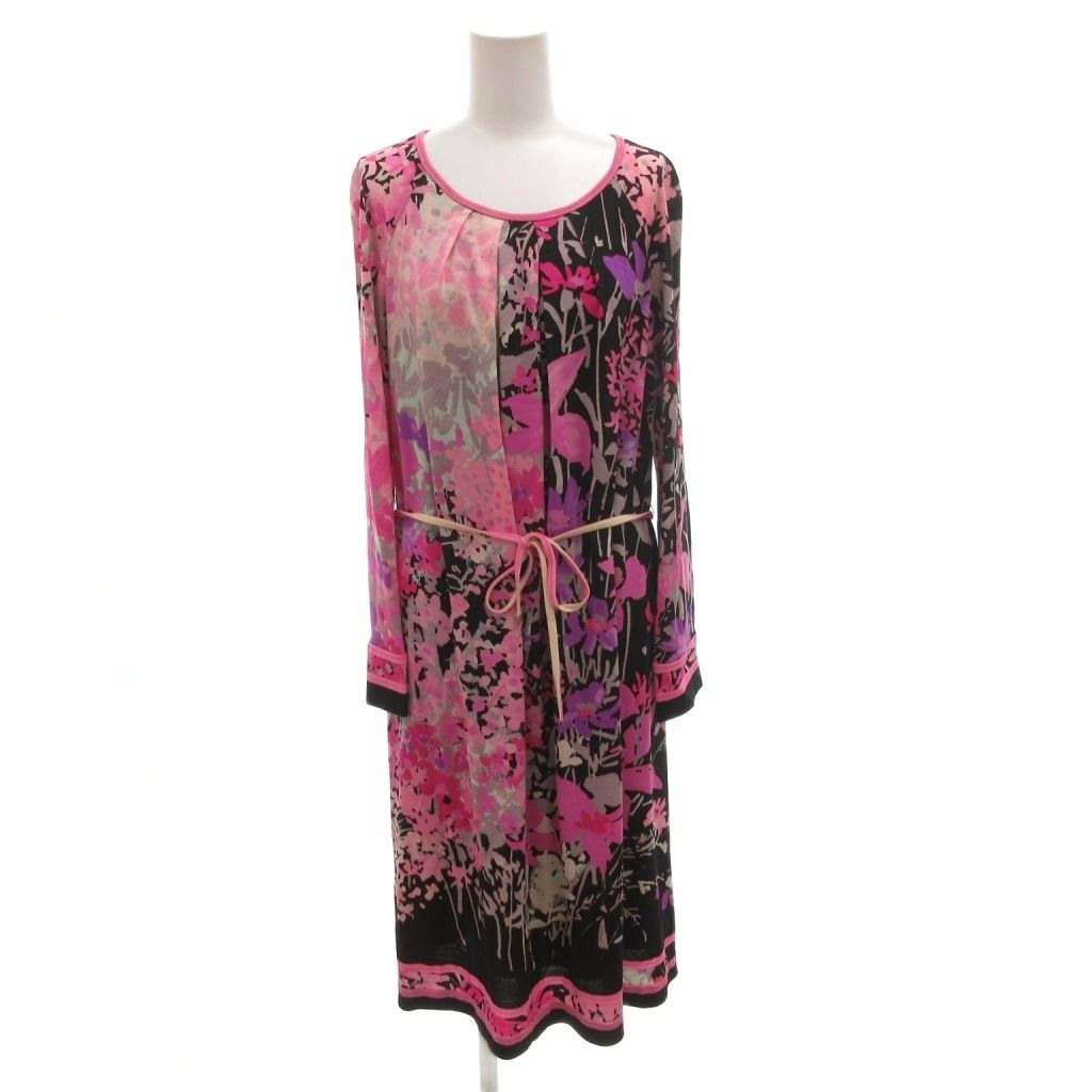 レオナール LEONARD FASHION ワンピース 花柄 長袖 ロング ベルト 42