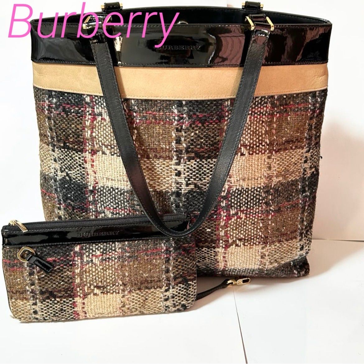 BURBERRY バーバリー ロゴ型押し チェック柄 ウール スエード カーフ