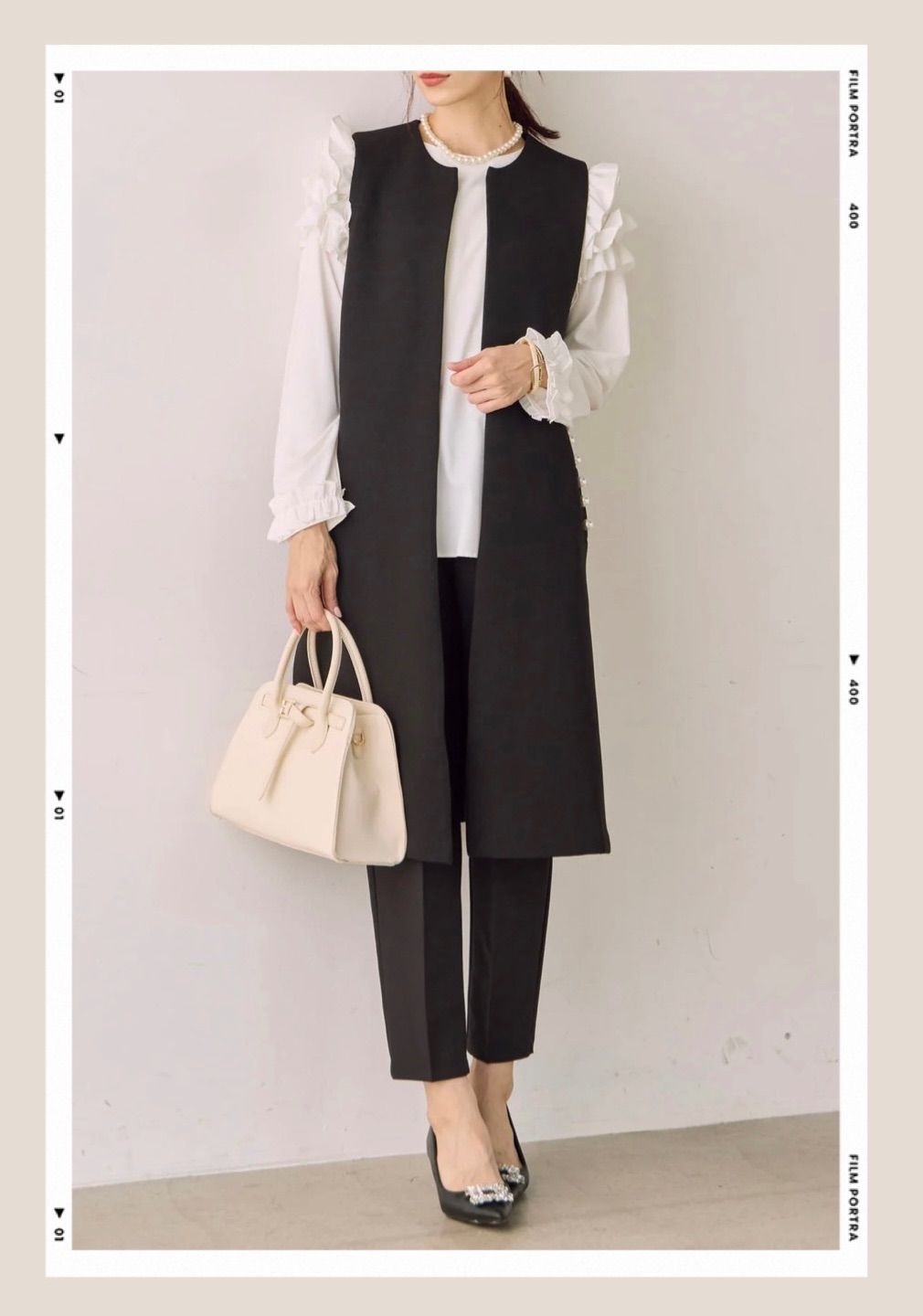 再入荷 ポケットパール ロングベスト ジレ 黒 frene lumier | Buyee