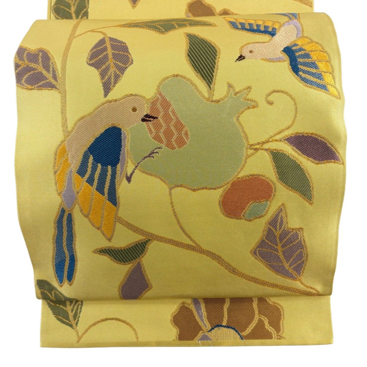 美品】 袋帯 逸品 桝屋高尾 落款 関西仕立て 果樹 鳥 からし色 六通 
