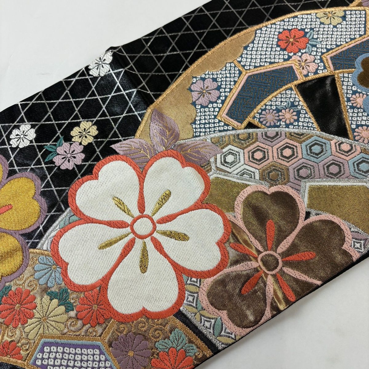 美品】 袋帯 秀品 関西仕立て 桜 源氏香 金銀糸 箔 黒 六通 正絹