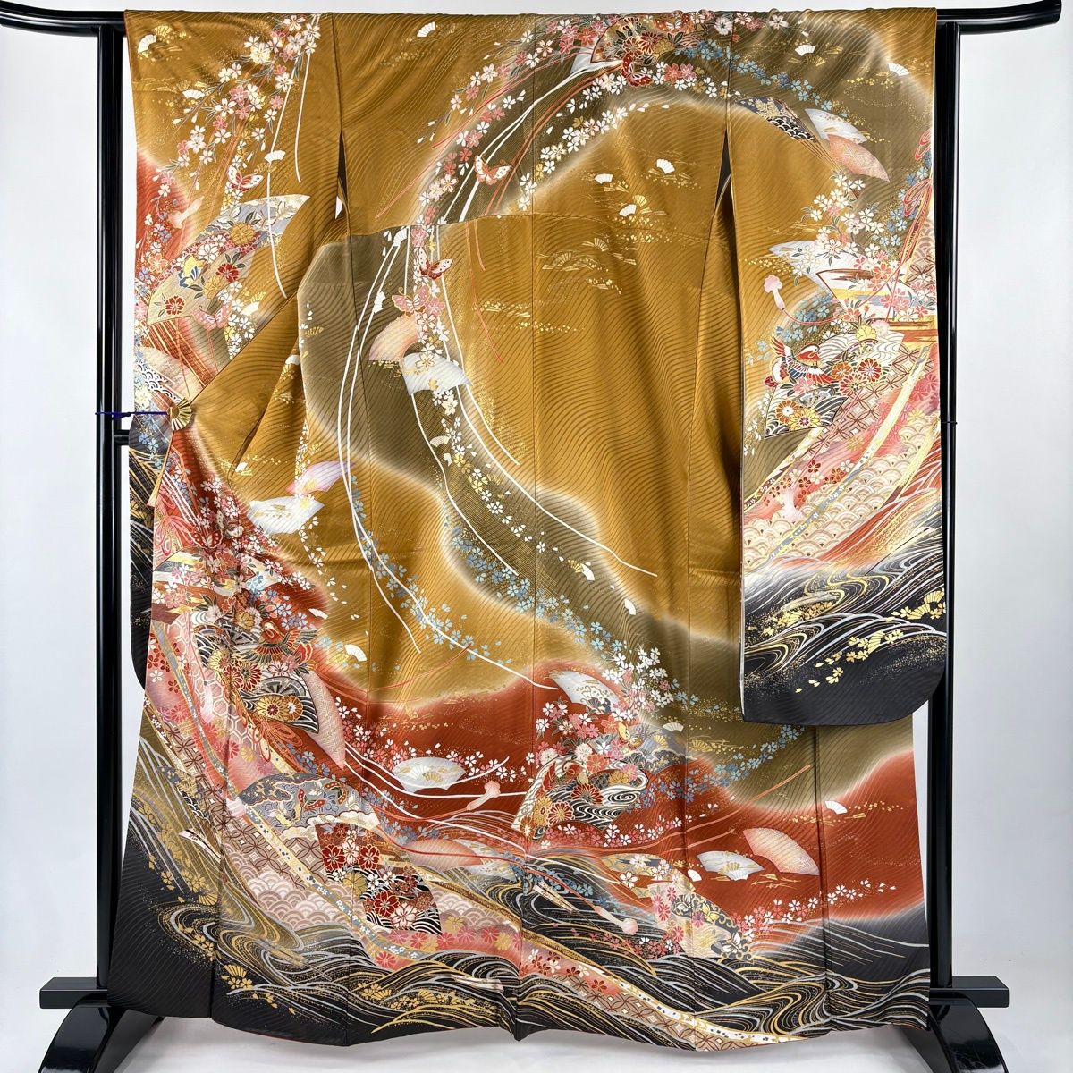 美品】 振袖 身丈164.5cm 裄丈64cm M 袷 扇面 花鳥 金糸 金彩 山吹茶色
