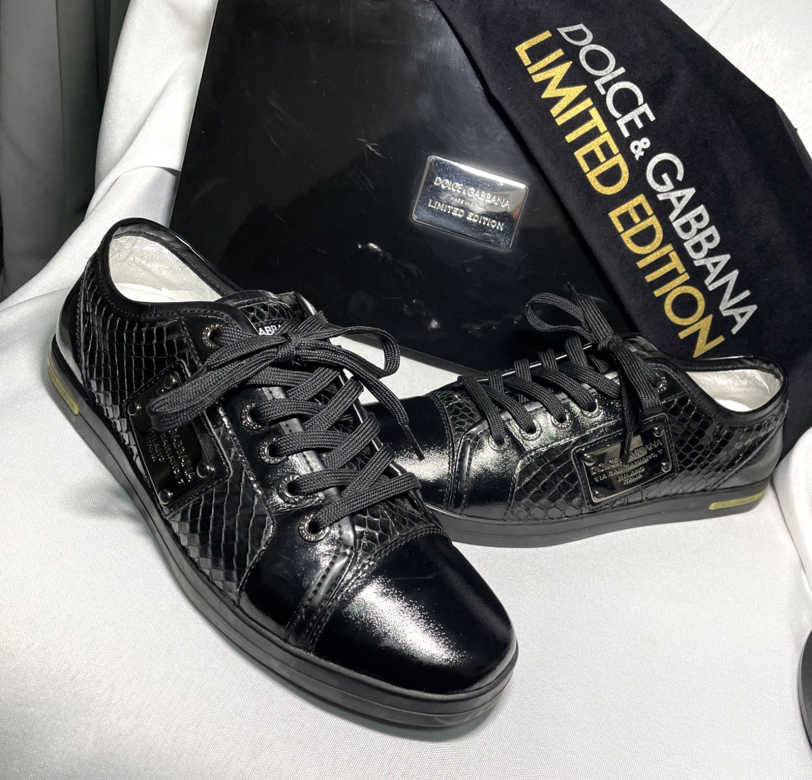 Dolce&Gabbana 7 パイソン レザー ドレスシューズ ブラック 数量限定 美品 DOLCE&GABBANA ドルチェ&ガッバーナ ロゴプレート装飾
