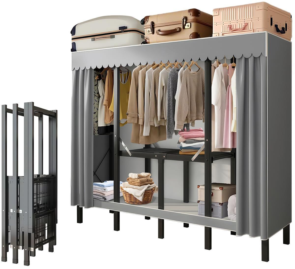 ワードローブ クローゼット ハンガーラック 大容量 幅160x奥行き48x高さ172.5cm 折りたたみ式 衣類収納ラック 洋服棚 整理棚 カバー付き 防水 防塵 防汚 耐用 多機能 省スペース 室内用 収納棚 日本語説明書付き グレー