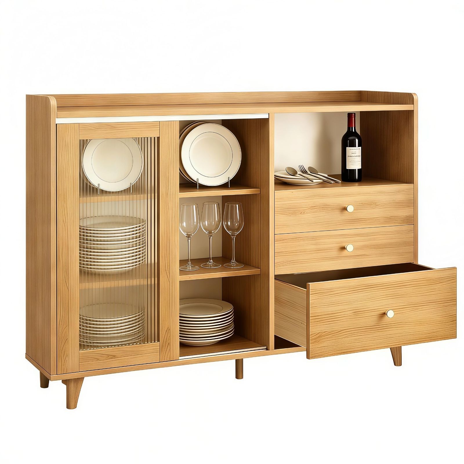 おしゃれ 木製 整理整頓に便利 幅100cm×高さ90cm 多目的収納 食器収納棚 強力な耐荷重能力 引き出し付き 防塵 スタンドタイプ スライドドア キッチン/ダイニング/リビング兼用 キッチン収納棚 モダンなダイニングサイドボード アクリル扉付き 日本語説