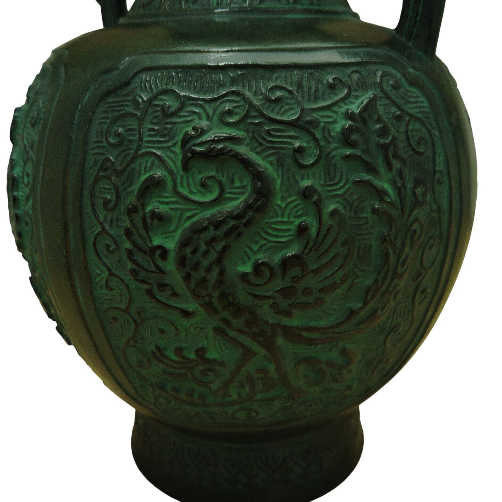 X02234 花瓶 孔雀 花模様 ダークグリーン 青銅器風 彫刻 インテリア