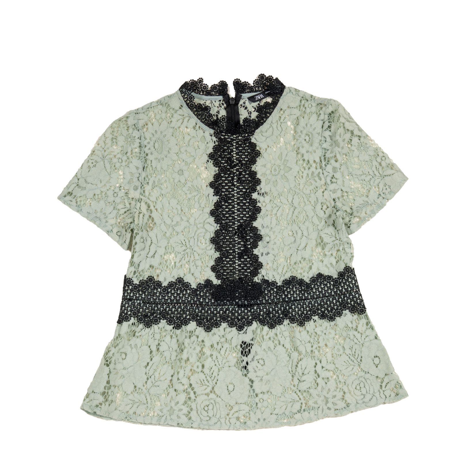 ZARA ザラ 総レース トップス ミントグリーン×黒レース 切替 ブラウス 