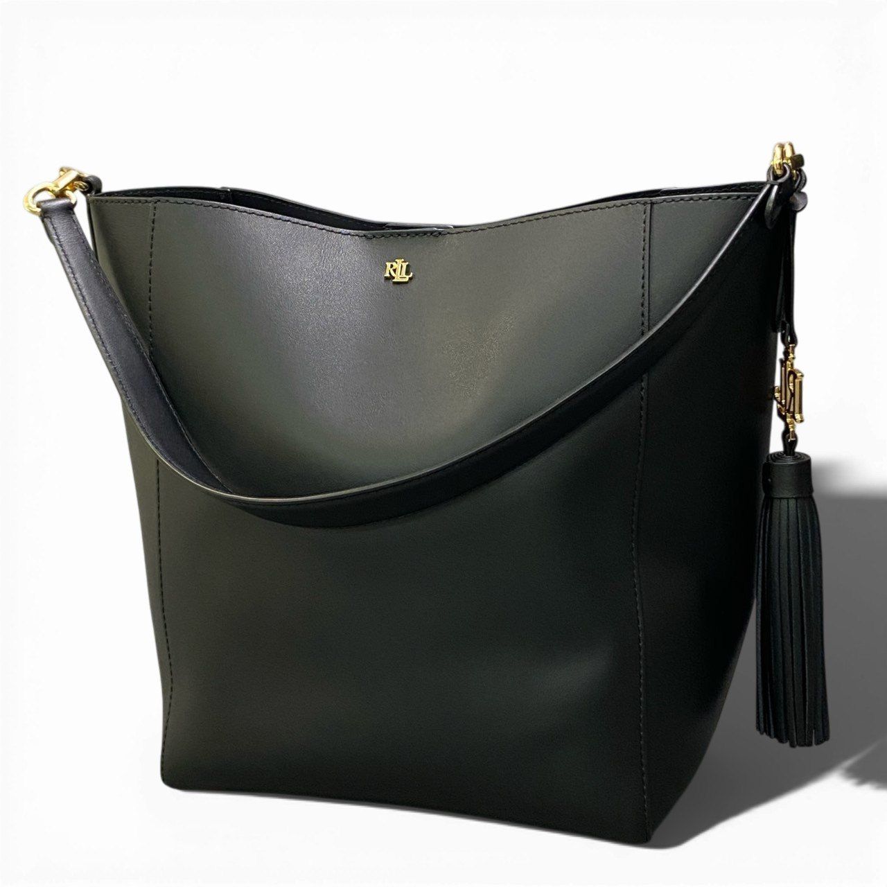 ラルフローレン キャンバス×レザー タッセル トートバッグ ブラック Ab20 LAUREN RALPH LAUREN ラルフローレン ロゴタッセル付き 2WAY