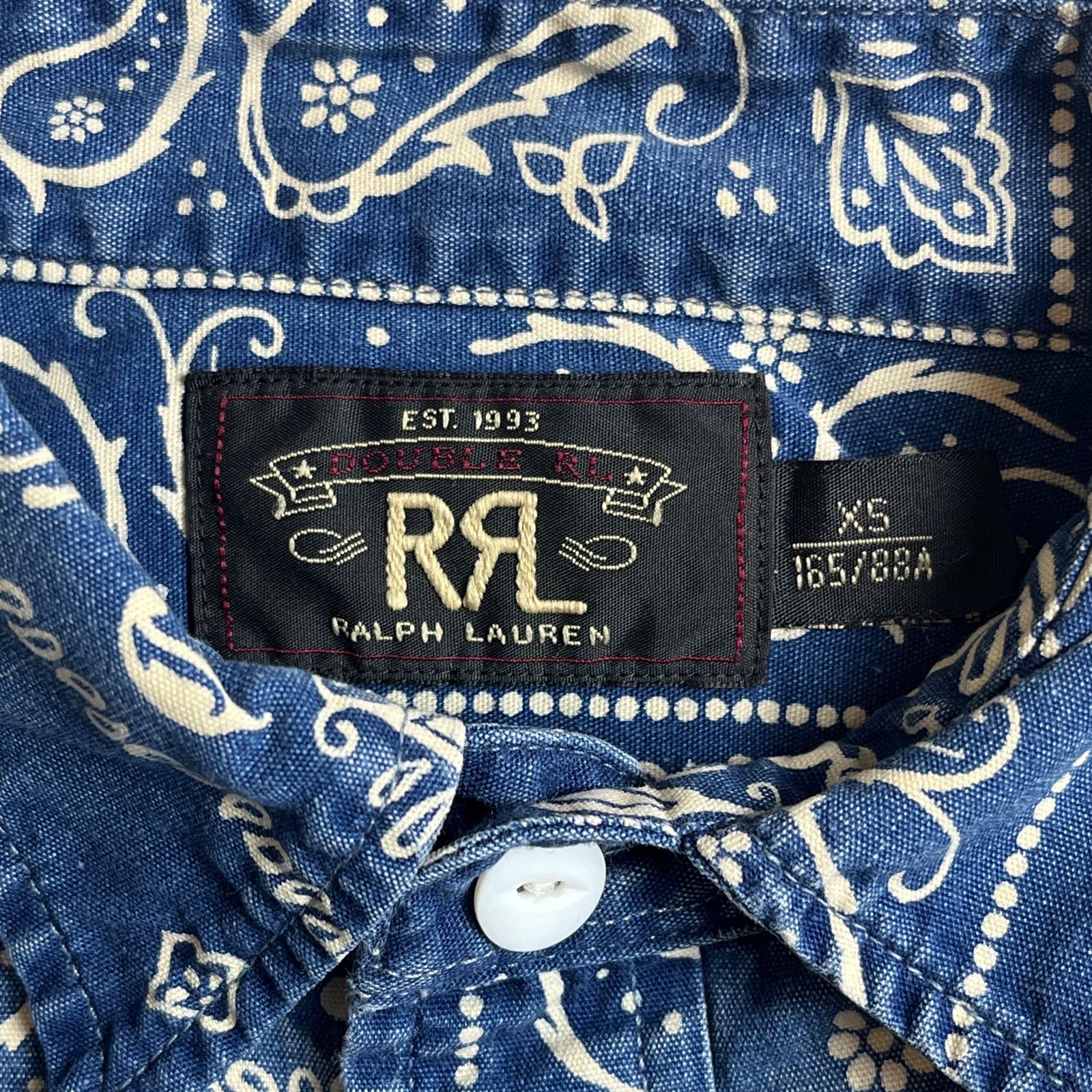 美品】RRL インディゴ バンダナパターン シャツ XS 猫目ボタン ダブル
