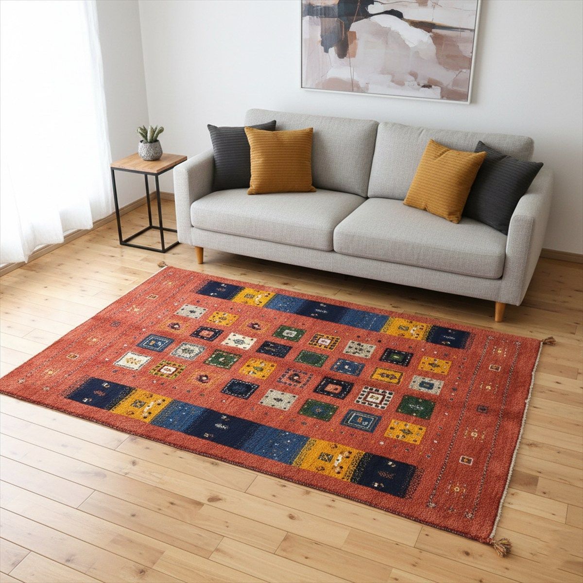 「ハンドメイド」「北欧風」「天然ウール」ペルシャ ギャッベ リビング敷　ラグ 188x145cm 桃色　赤色　パネル　ヤギ　羊　RJ5457