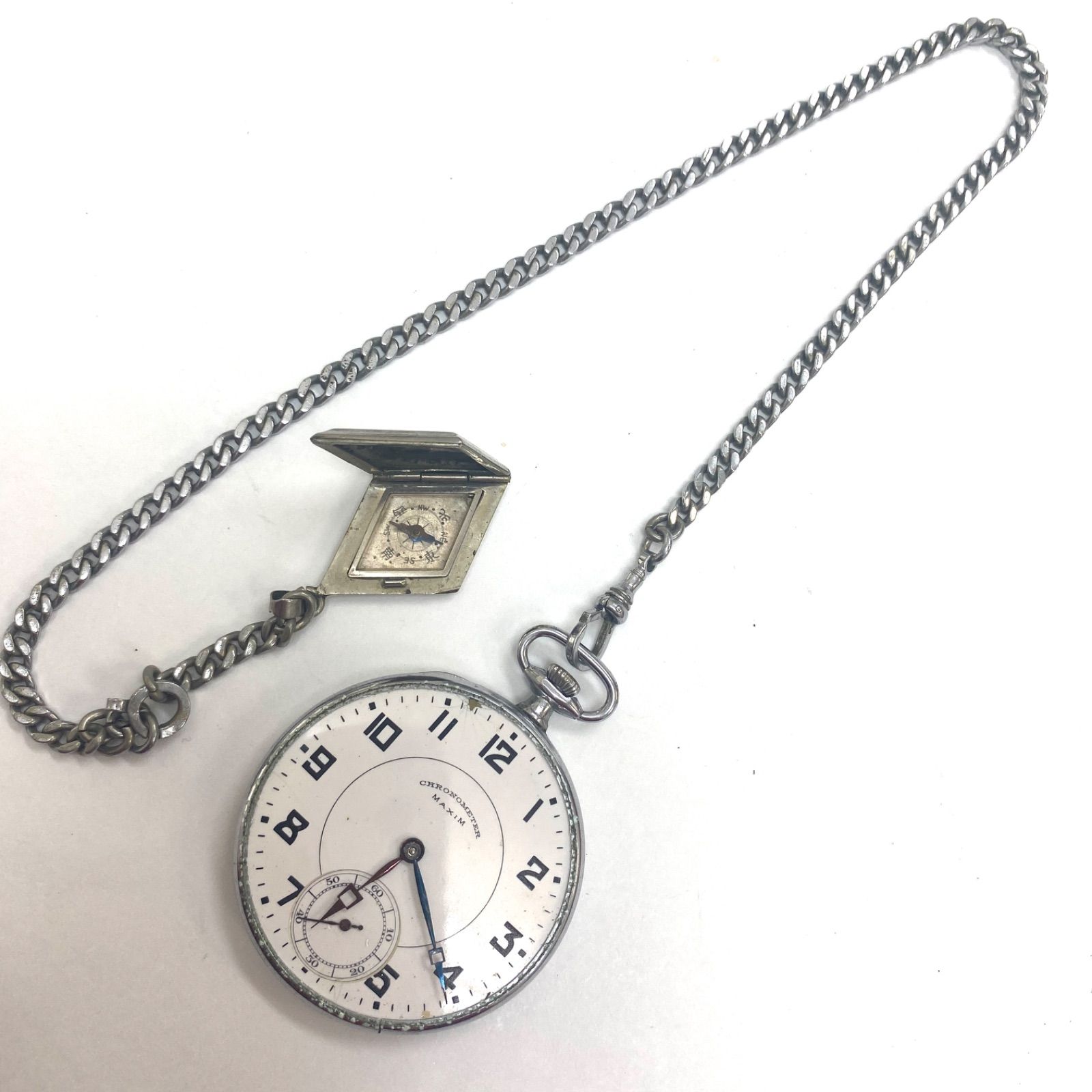 マキシム アンティーク懐中時計 小型コンパス付属 手巻き シルバー