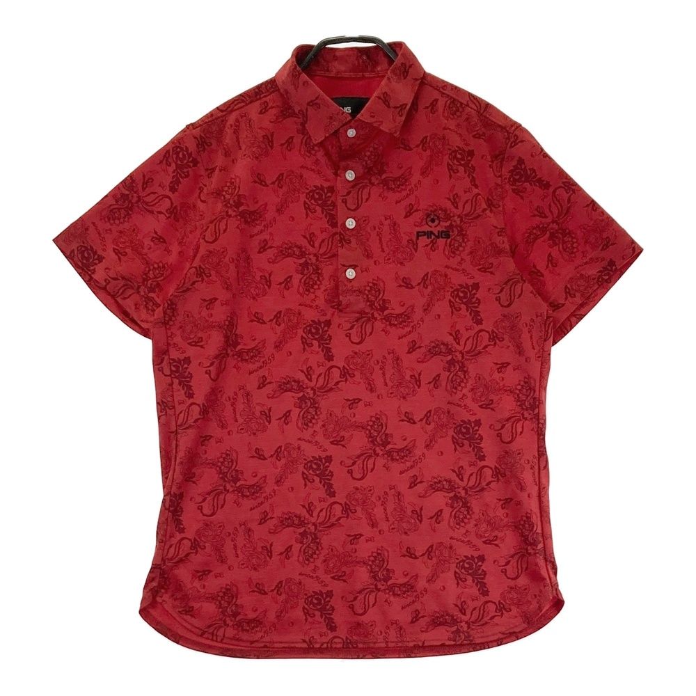 サイズ：M PING ピン 半袖ポロシャツ ロゴ刺繍 花 総柄 レッド系