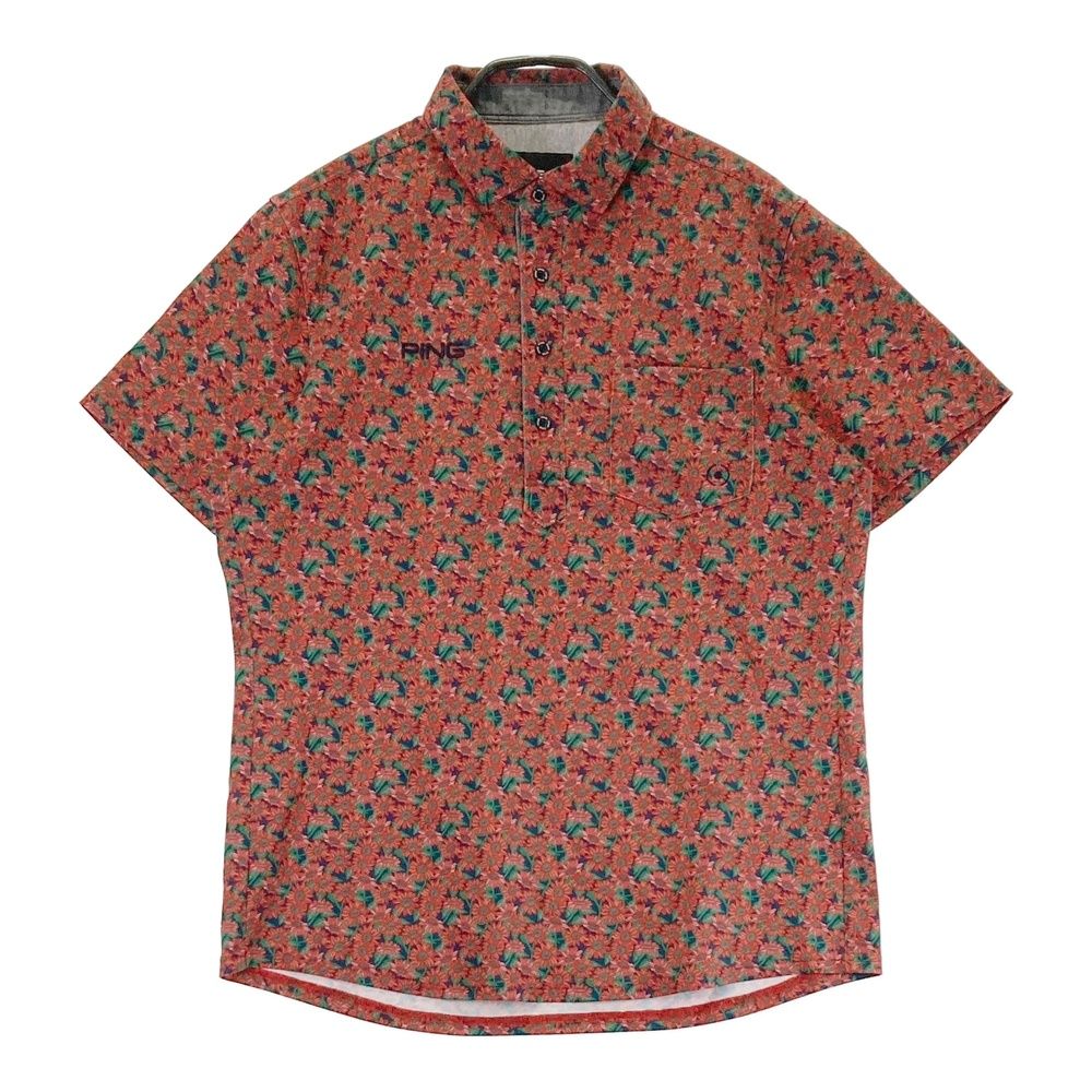 サイズ：M PING ピン 半袖ポロシャツ ロゴ刺繍 花柄 レッド系