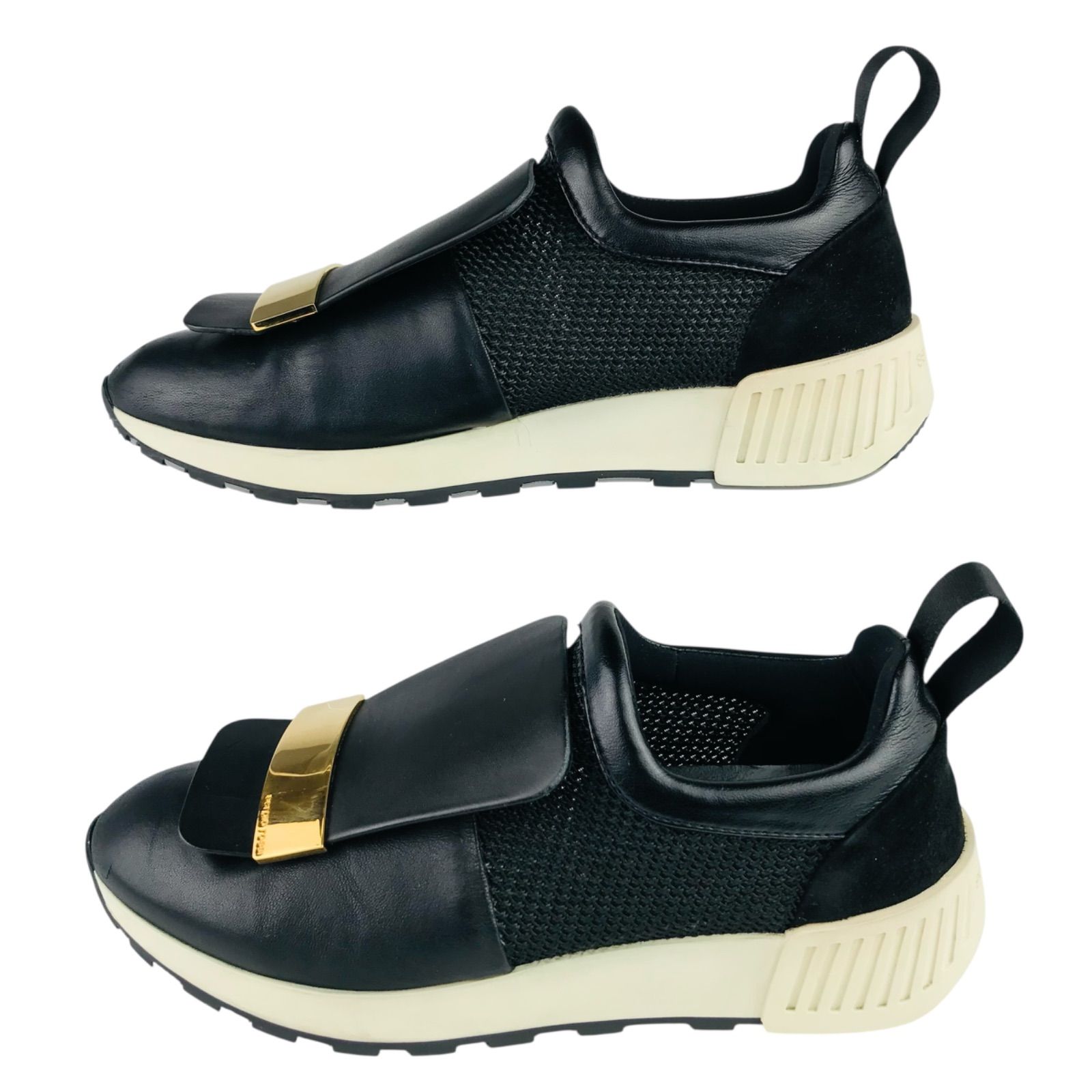 セルジオロッシ　sr1　レザー×メッシュ　スニーカー　黒×ピンクゴールド　35 美品☆sergio rossi・セルジオロッシ【SR1】レディース レザー