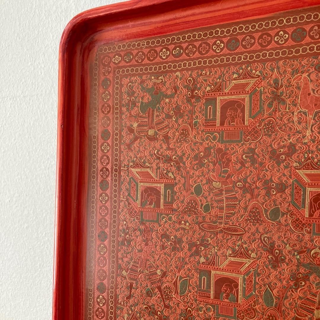 ミャンマー キンマ 漆のトレー お盆 エスニック アジアン 細密画
