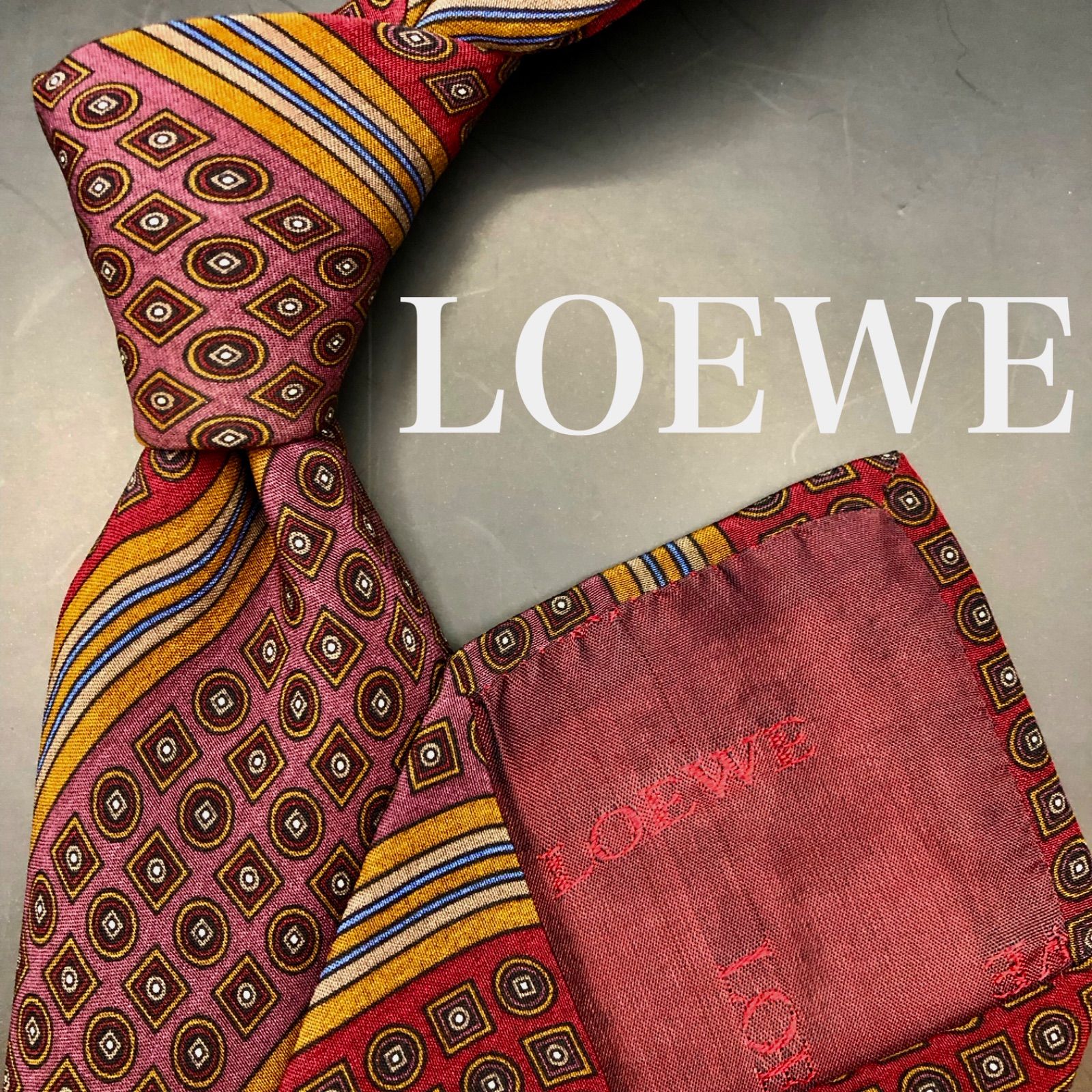 美品】LOEWE ロエベ ネクタイ ストライプ 小紋柄 ボルドー パープル