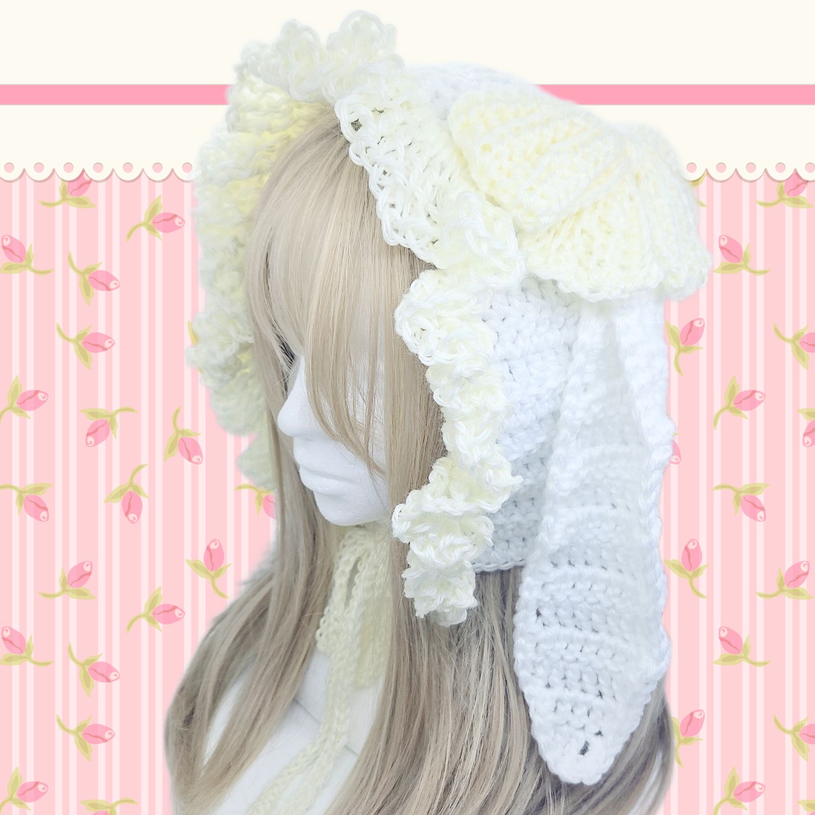 ハンドメイド うさ耳 ボンネット ホワイト 大きなリボン オフホワイト