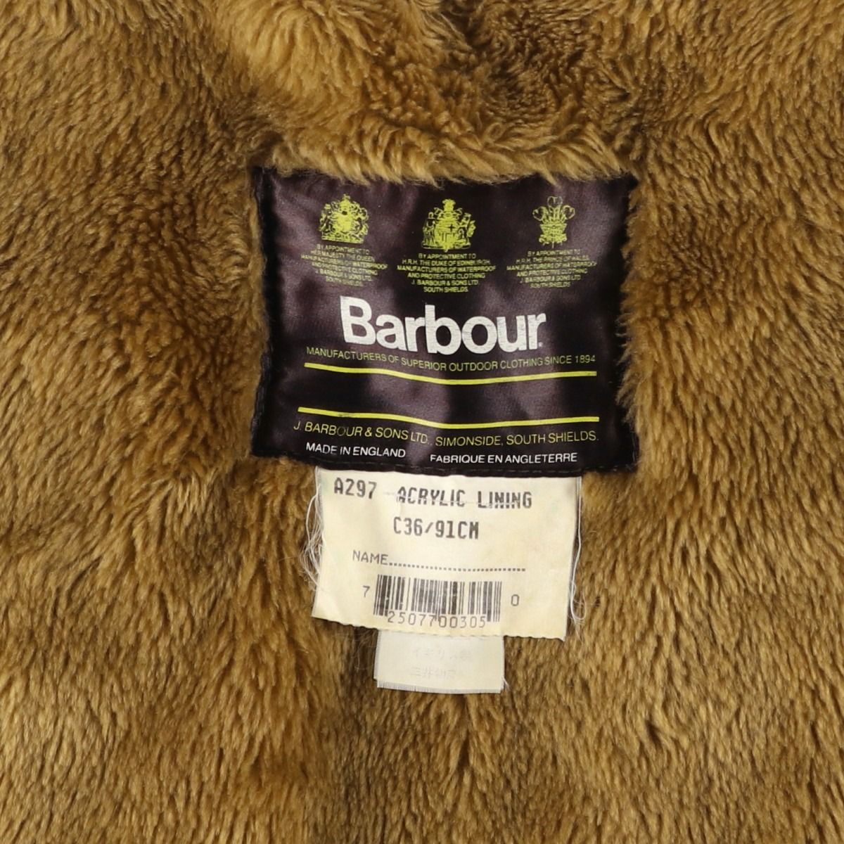 古着 90年代 バブアー Barbour A297 ACRYLIC LINING 旧3ワラントパイル