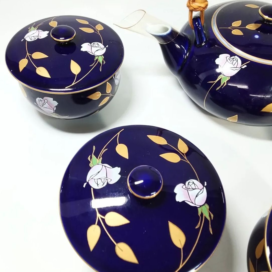香蘭社 瑠璃 金彩色薔薇文 急須1個 蓋付湯呑み5客 茶器 《NO 01195