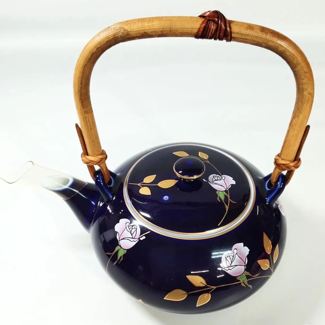 香蘭社 瑠璃 金彩色薔薇文 急須1個 蓋付湯呑み5客 茶器 《NO 01195