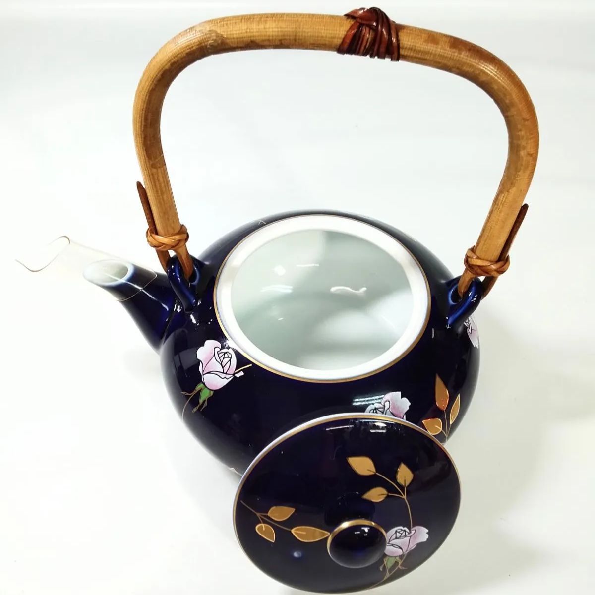 香蘭社 瑠璃 金彩色薔薇文 急須1個 蓋付湯呑み5客 茶器 《NO 01195