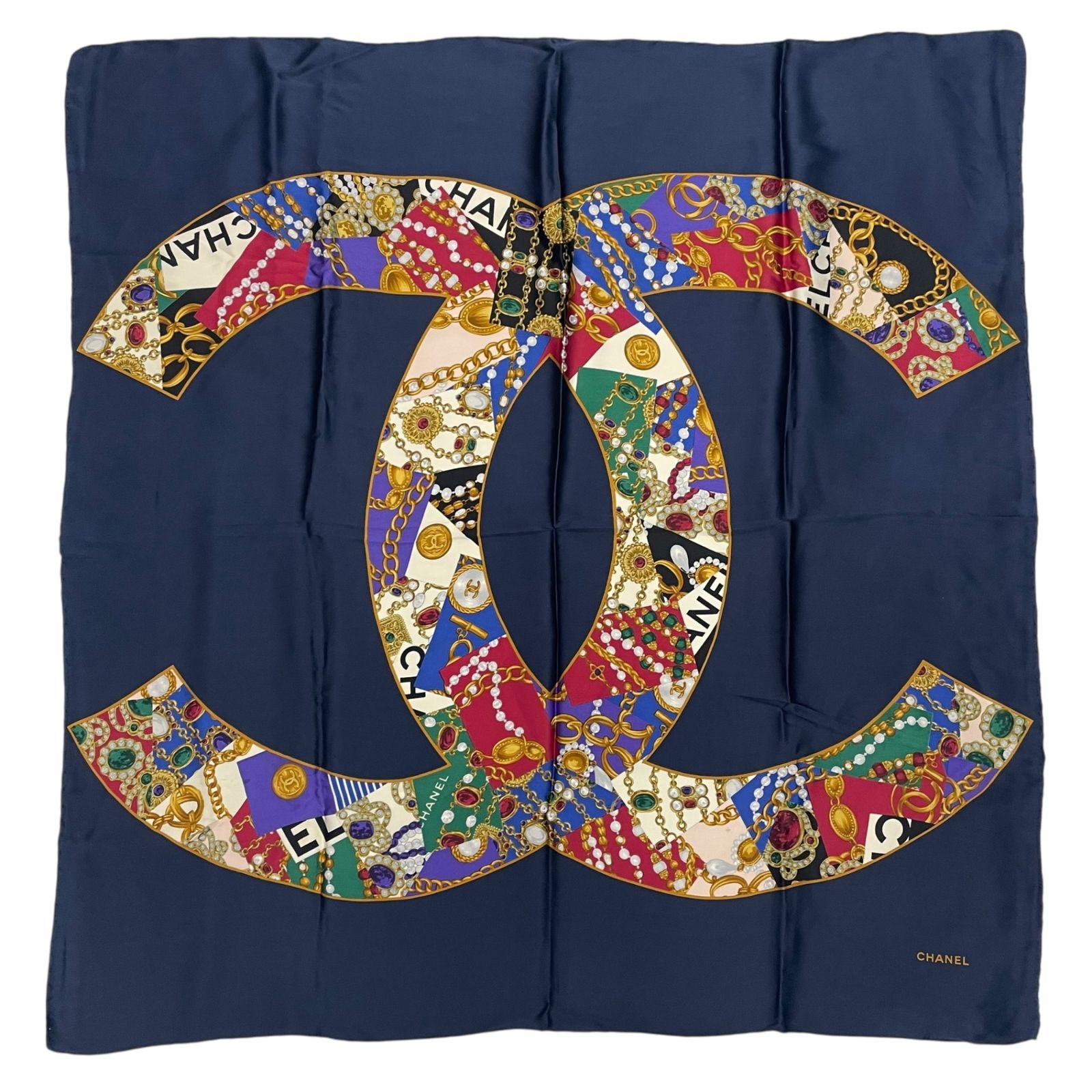 美品 CHANEL シャネル スカーフ シルク ココマーク チェーン 宝石