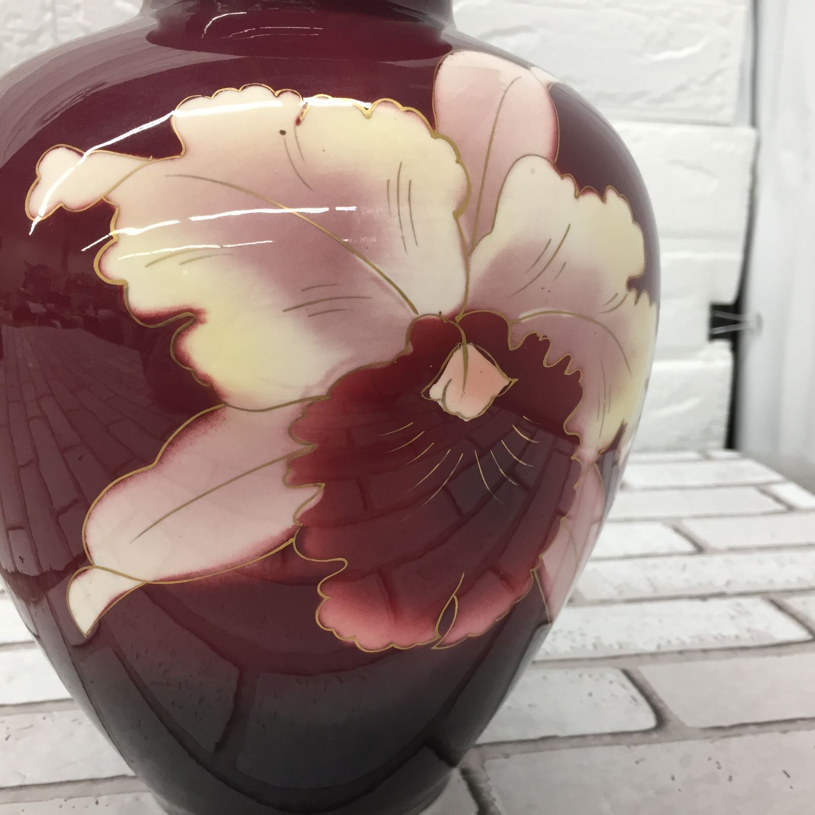 富士七宝陶器 花器 花入れ 欄柄 高さ約25㎝ エンジ色系 USED現状品