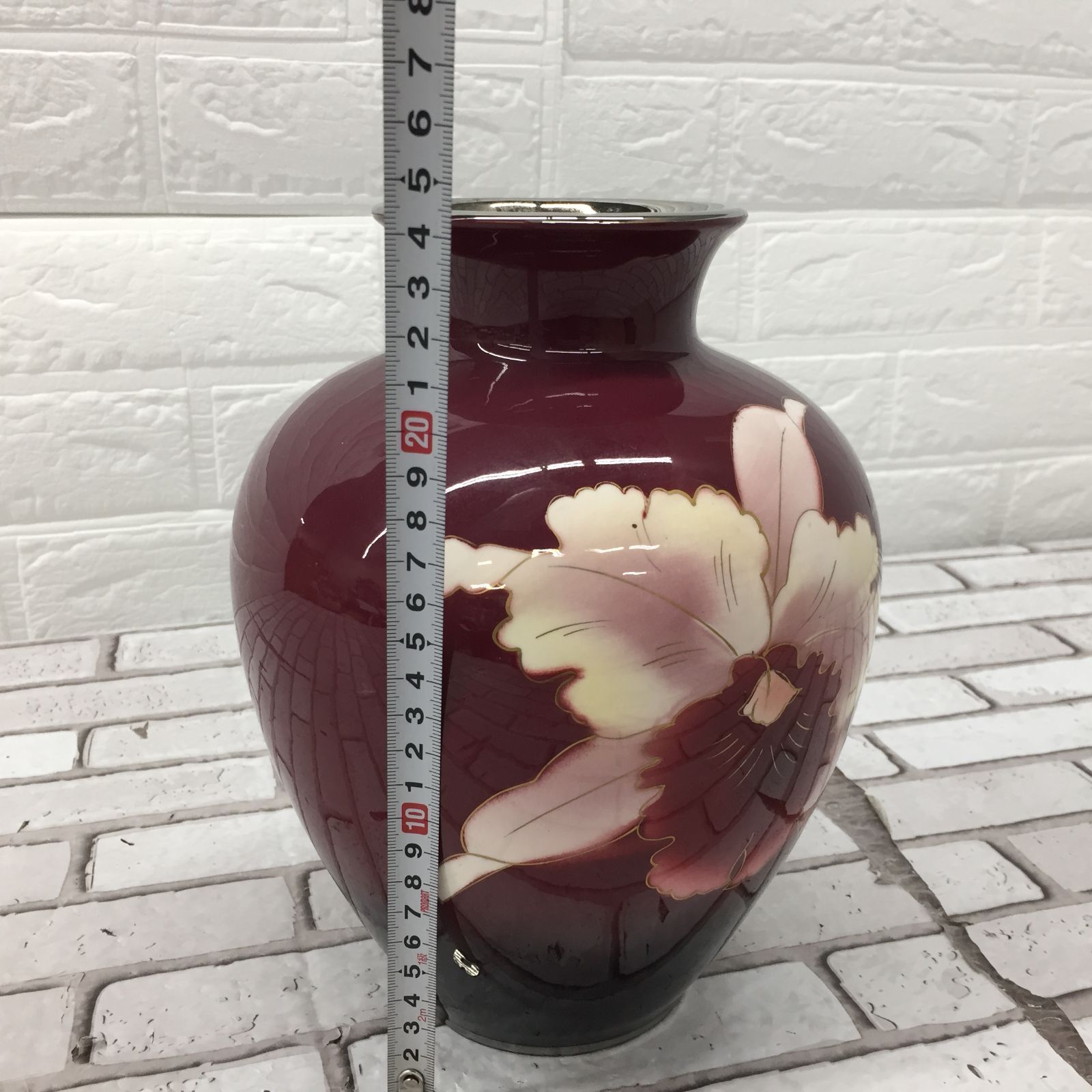 富士七宝陶器 花器 花入れ 欄柄 高さ約25㎝ エンジ色系 USED現状品