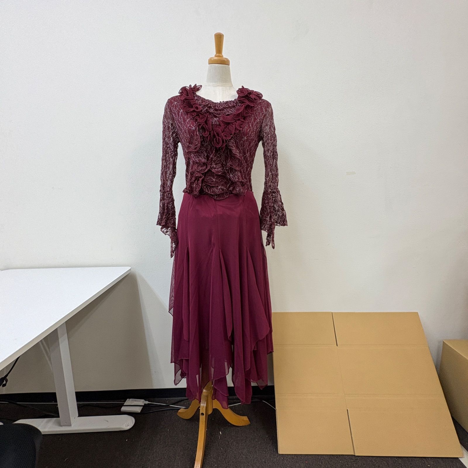 社交ダンス ドレス セットアップ トップス ワインレッド レース フリル