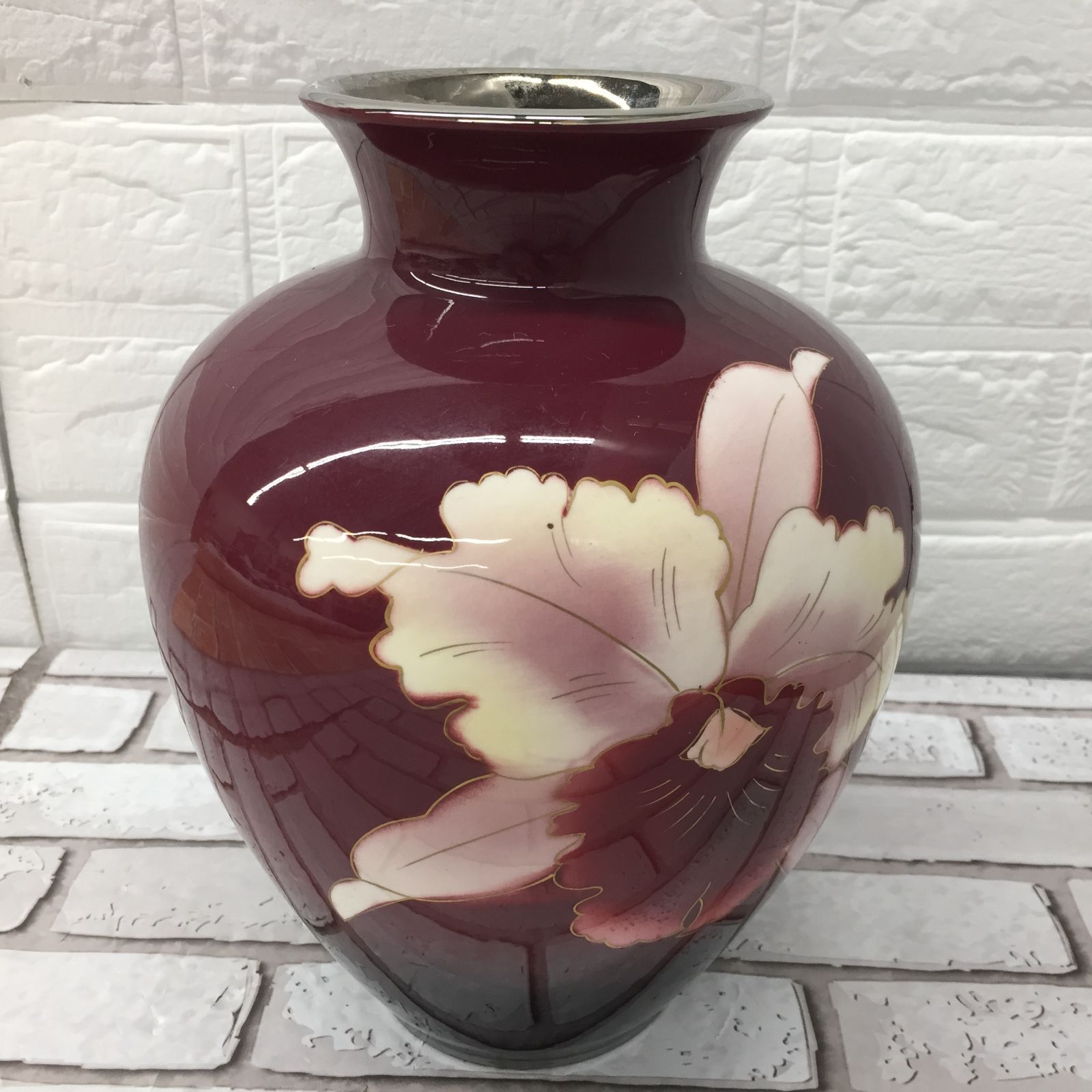 富士七宝陶器 花器 花入れ 欄柄 高さ約25㎝ エンジ色系 USED現状品