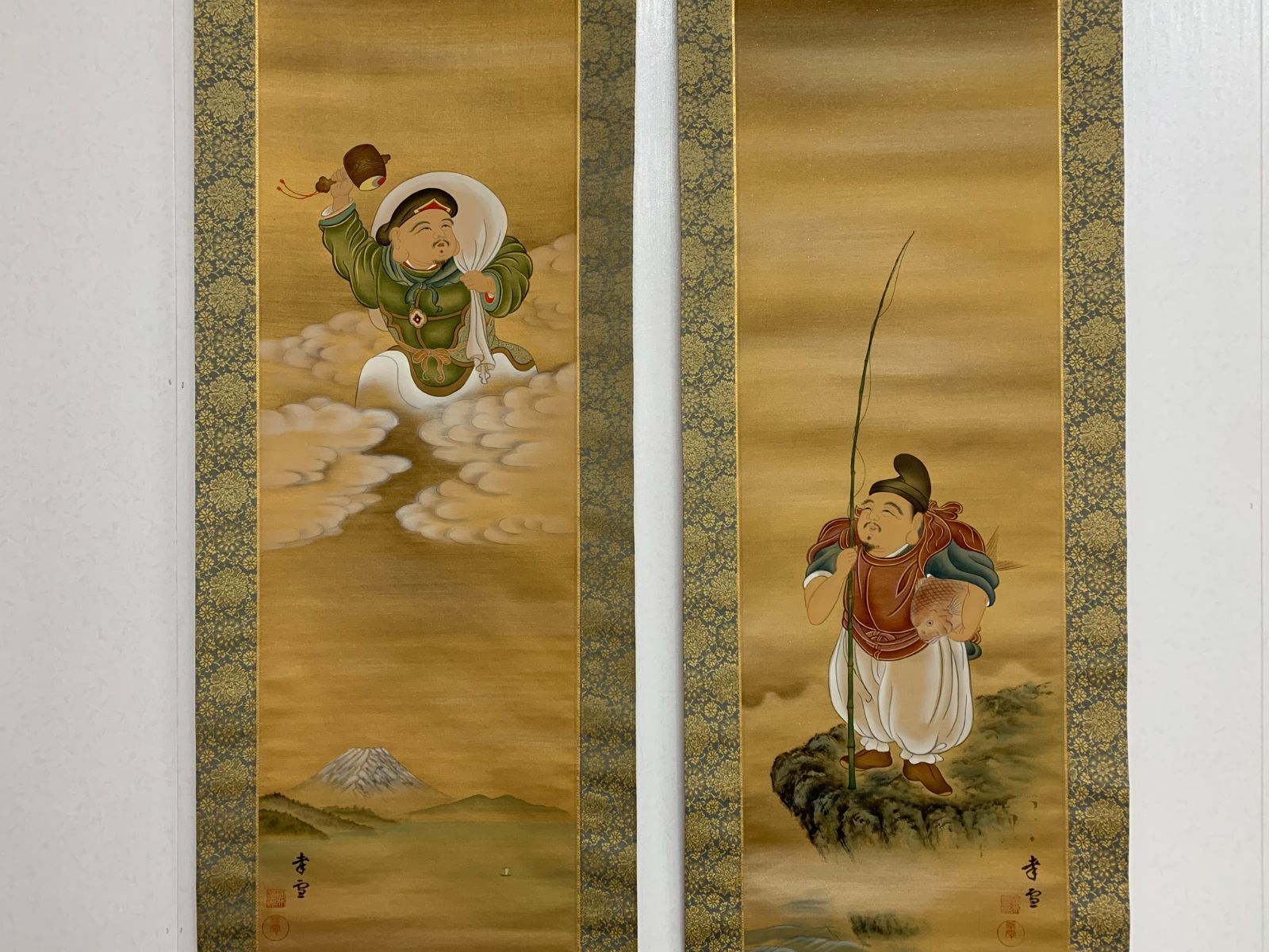 真作/国井幸雪/國井幸雪/恵比須大黒図/双幅/桐共箱付/布袋屋掛軸HI-275 掛け軸】336 国井幸雪「恵比寿大黒 双幅」山下松麓師事 岐阜の人 #茶掛