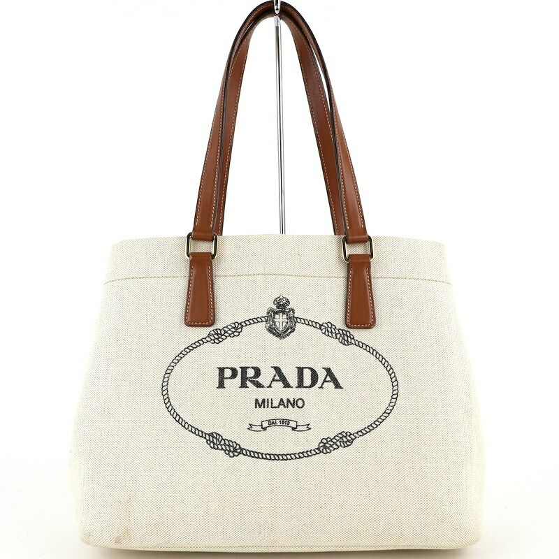 PRADA ベージュ キャンバストートバッグ プラダ キャンバス レザー ハンドバッグ 手提げ レディース ベージュ