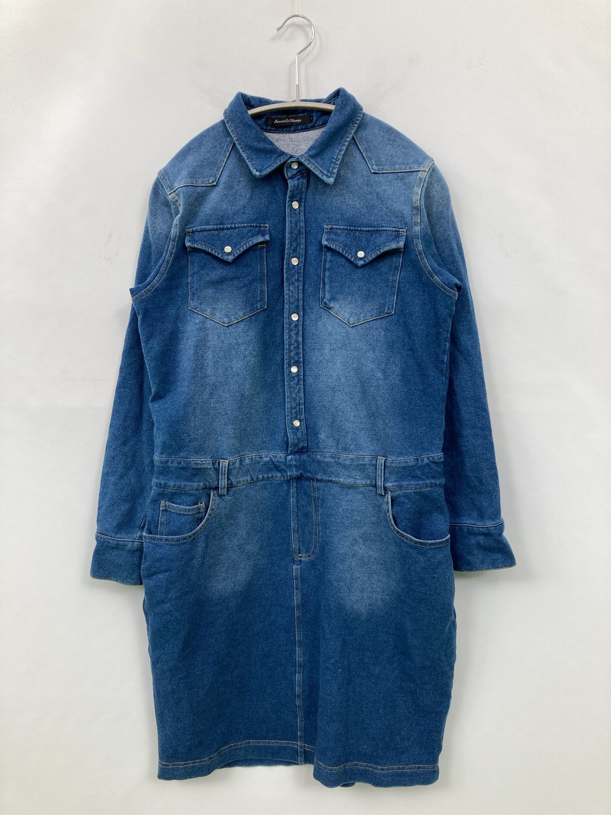 Sweet&Sheep シャツワンピース ブルー デニム コットン 無地 長袖 ひざ