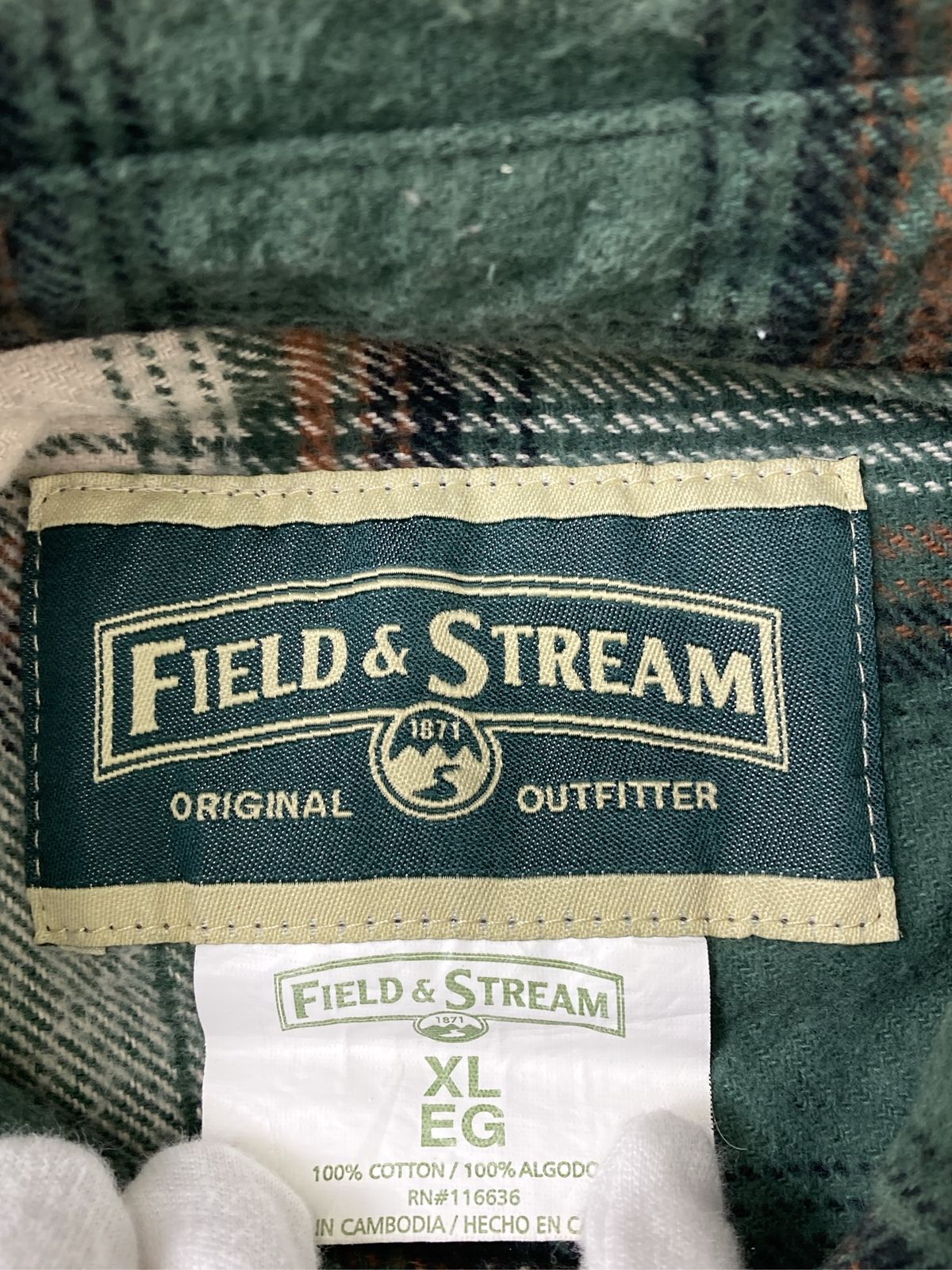 FIELDu0026STREAM フィールドアンドストリーム シャツ/ブラウス XL グリーン コットン チェック柄 ブランドロゴ ミドル丈 長袖 レギュラーカラー